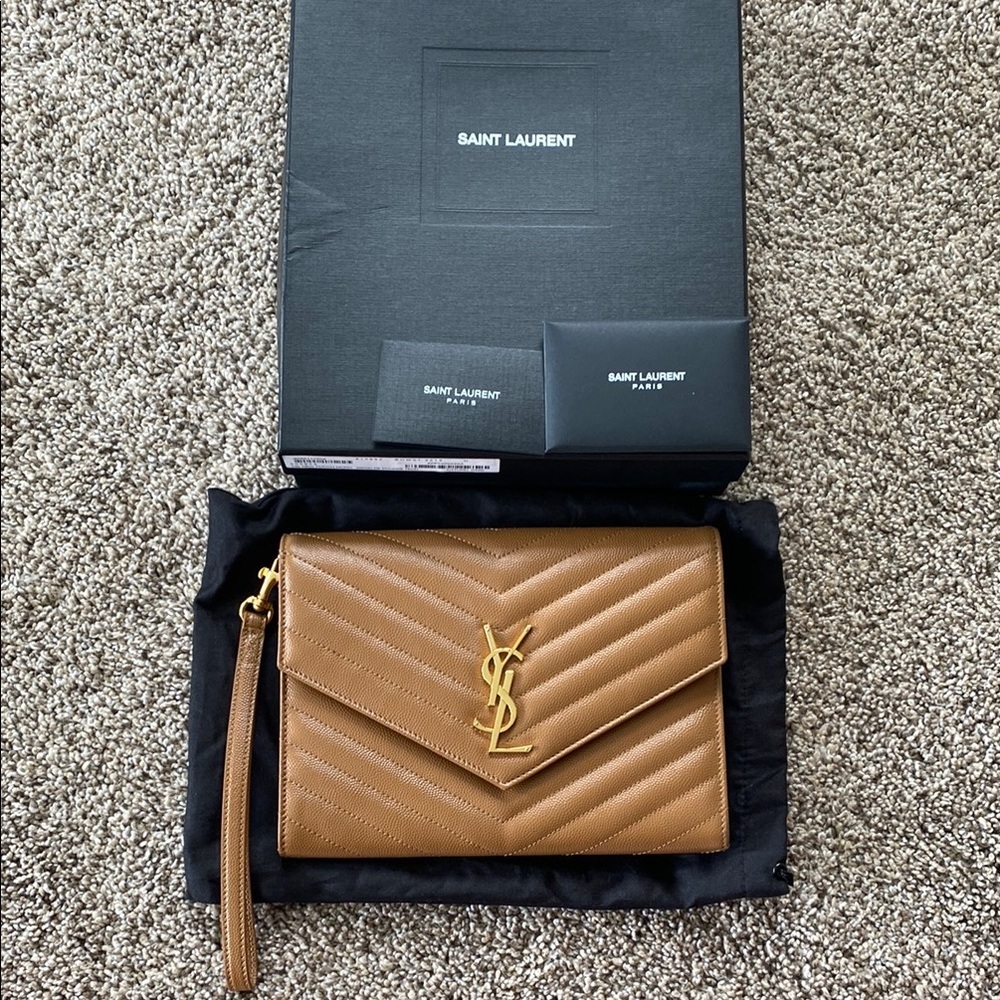 Saint Laurent dark tan Chevron Quilted Clutch